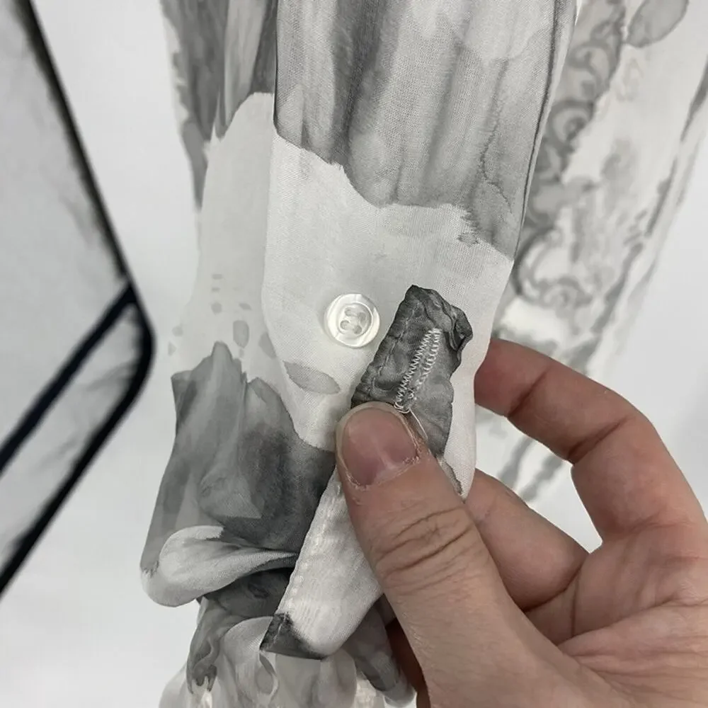 Belle France White & Gray Sheer Silk Blend Cover-Up Blouse Roll Tab Sleeves M - Picture 6 of 9
